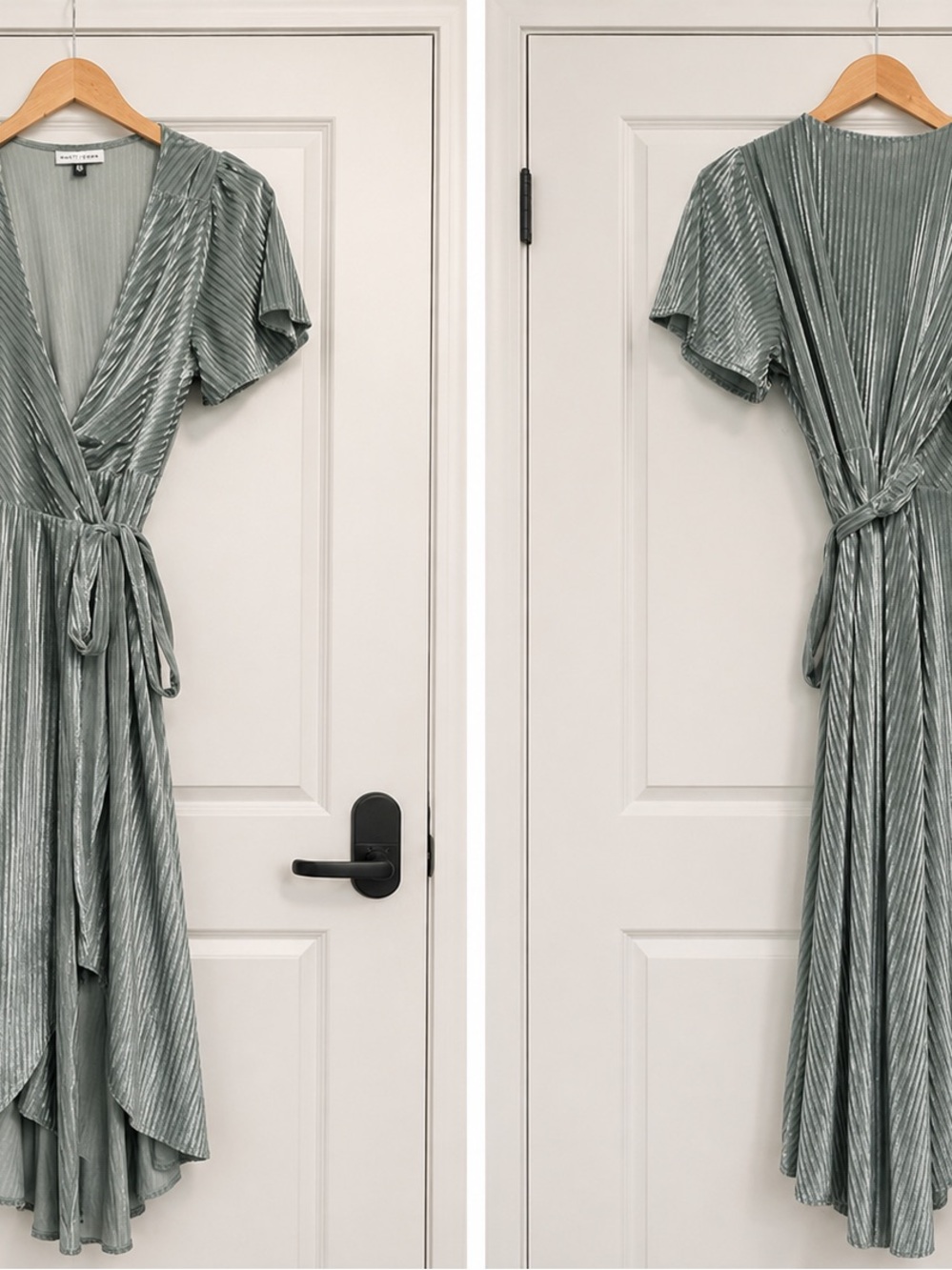 Baltic Born Mist Green Pleated High-Low Wrap Dress